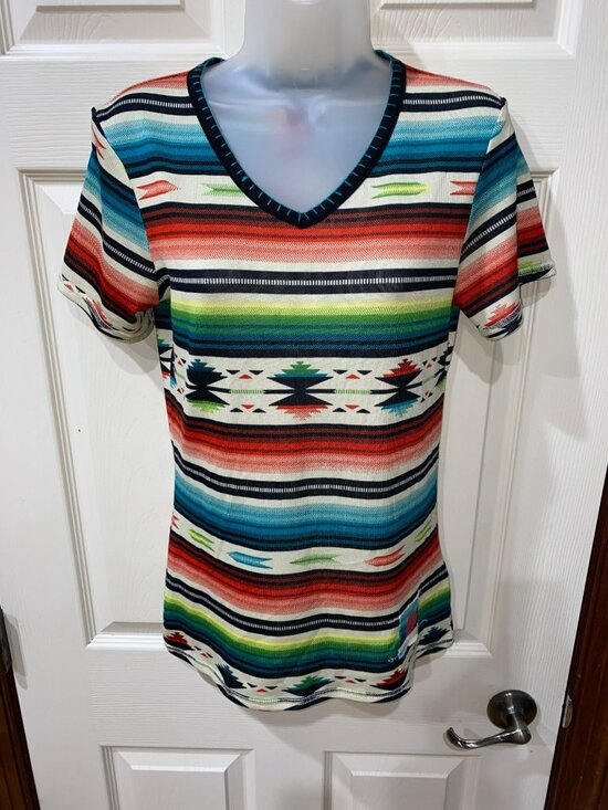 Double D Ranch Serape Womens Small V-Neck Aztec Print Short Sleeve Top – Multico - Picture 6 of 7